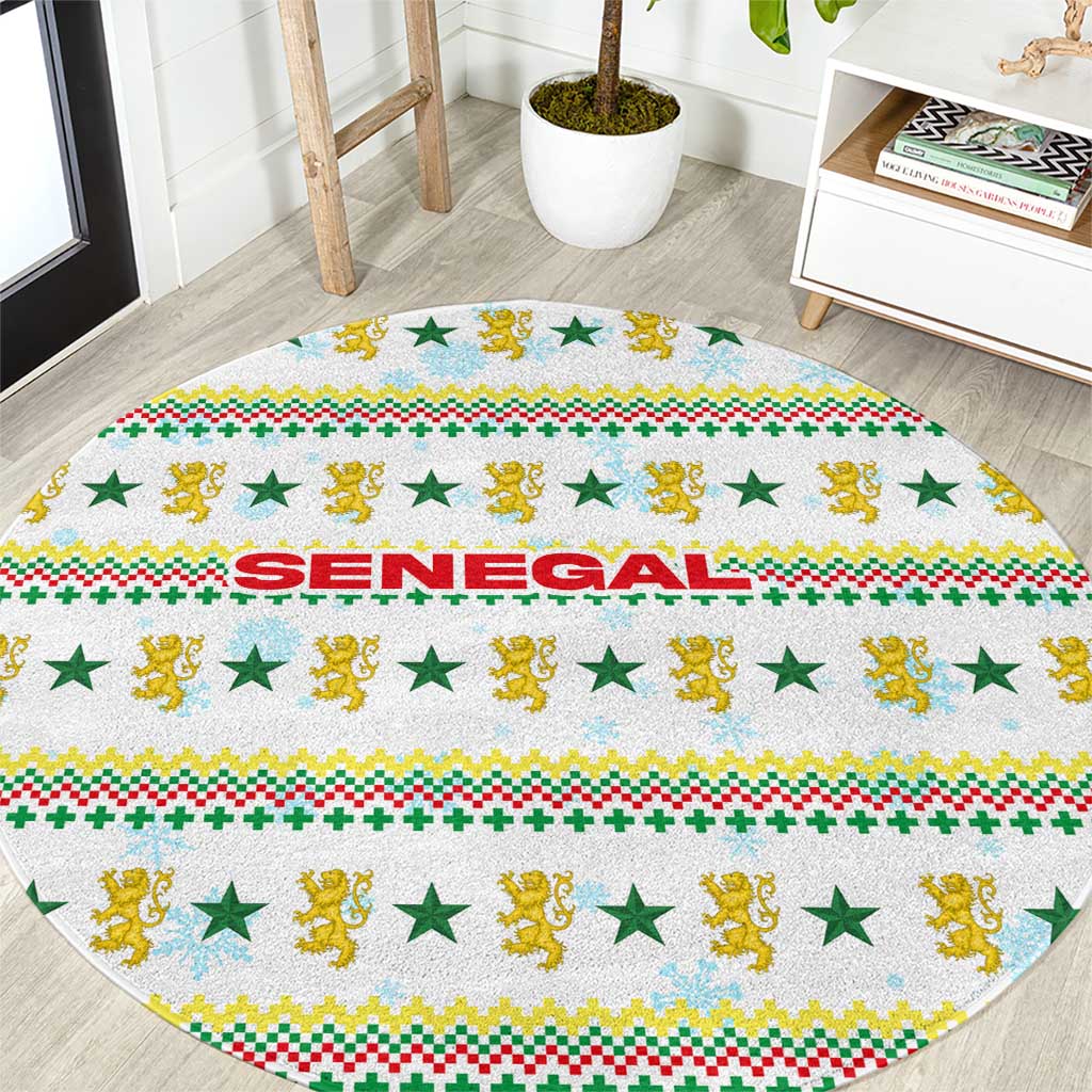 Senegal Christmas Round Carpet with White-Green-Yellow Design, Golden Lion, and Festive Stars Motif - Wonder Print Shop