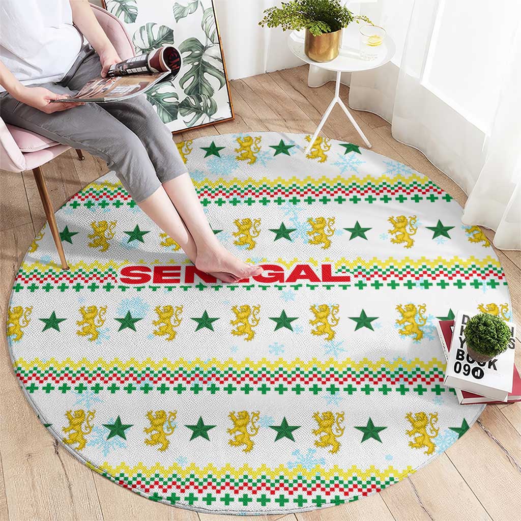 Senegal Christmas Round Carpet with White-Green-Yellow Design, Golden Lion, and Festive Stars Motif - Wonder Print Shop