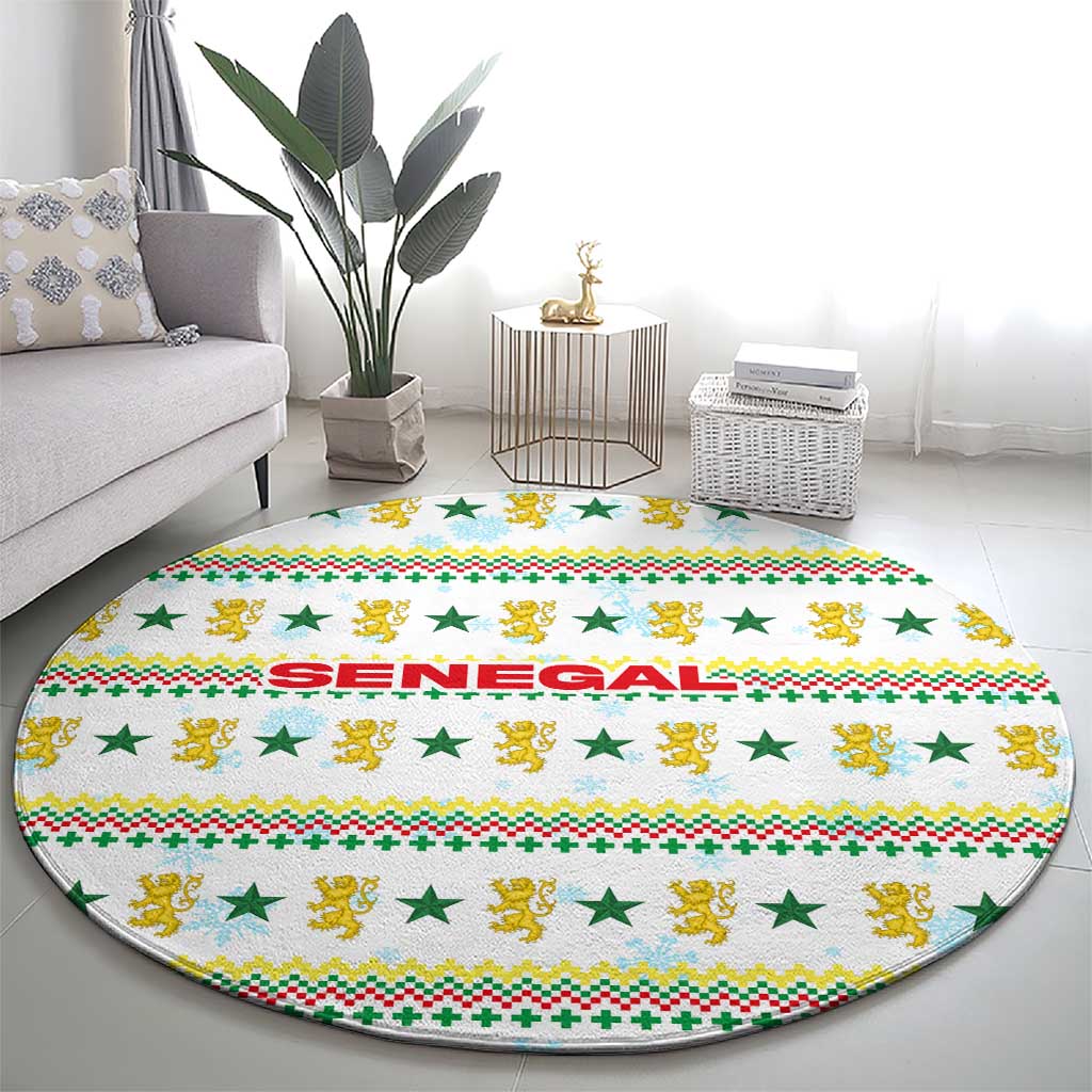 Senegal Christmas Round Carpet with White-Green-Yellow Design, Golden Lion, and Festive Stars Motif - Wonder Print Shop