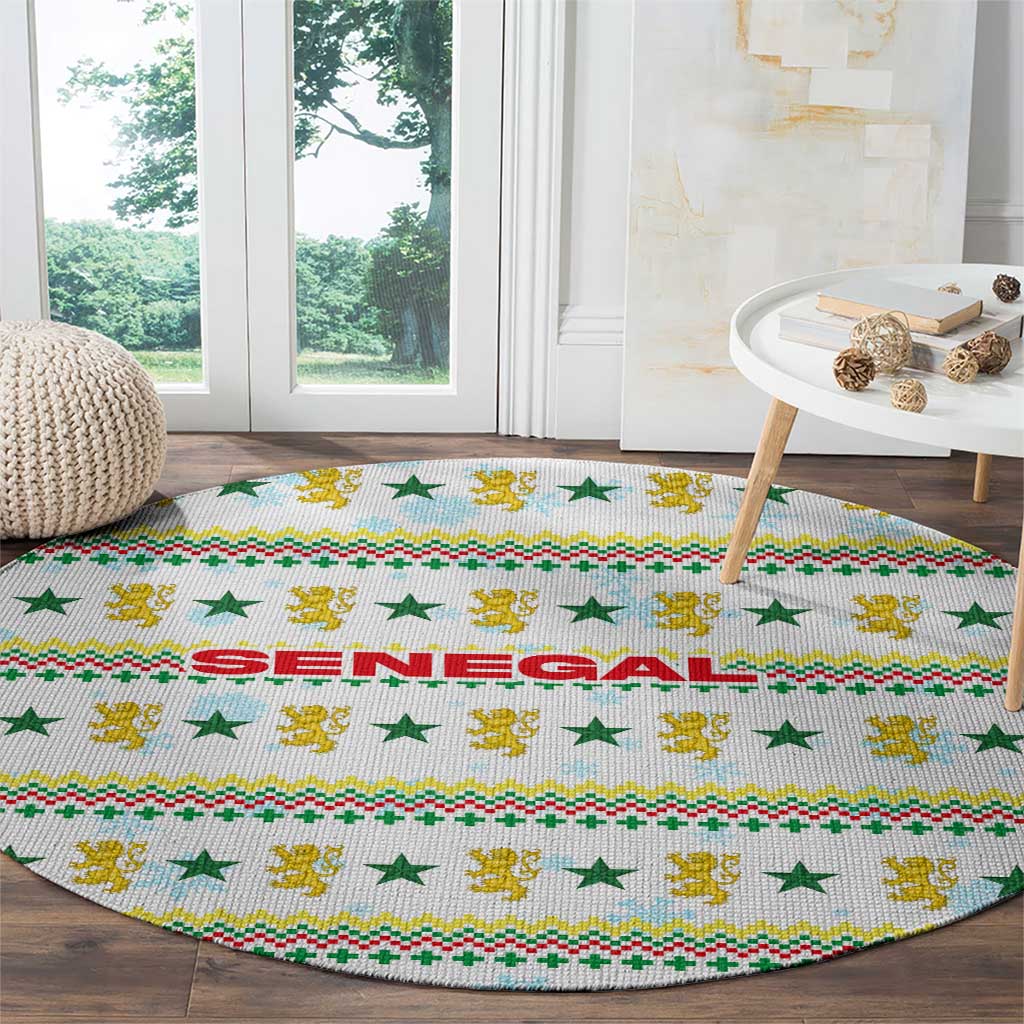 Senegal Christmas Round Carpet with White-Green-Yellow Design, Golden Lion, and Festive Stars Motif - Wonder Print Shop