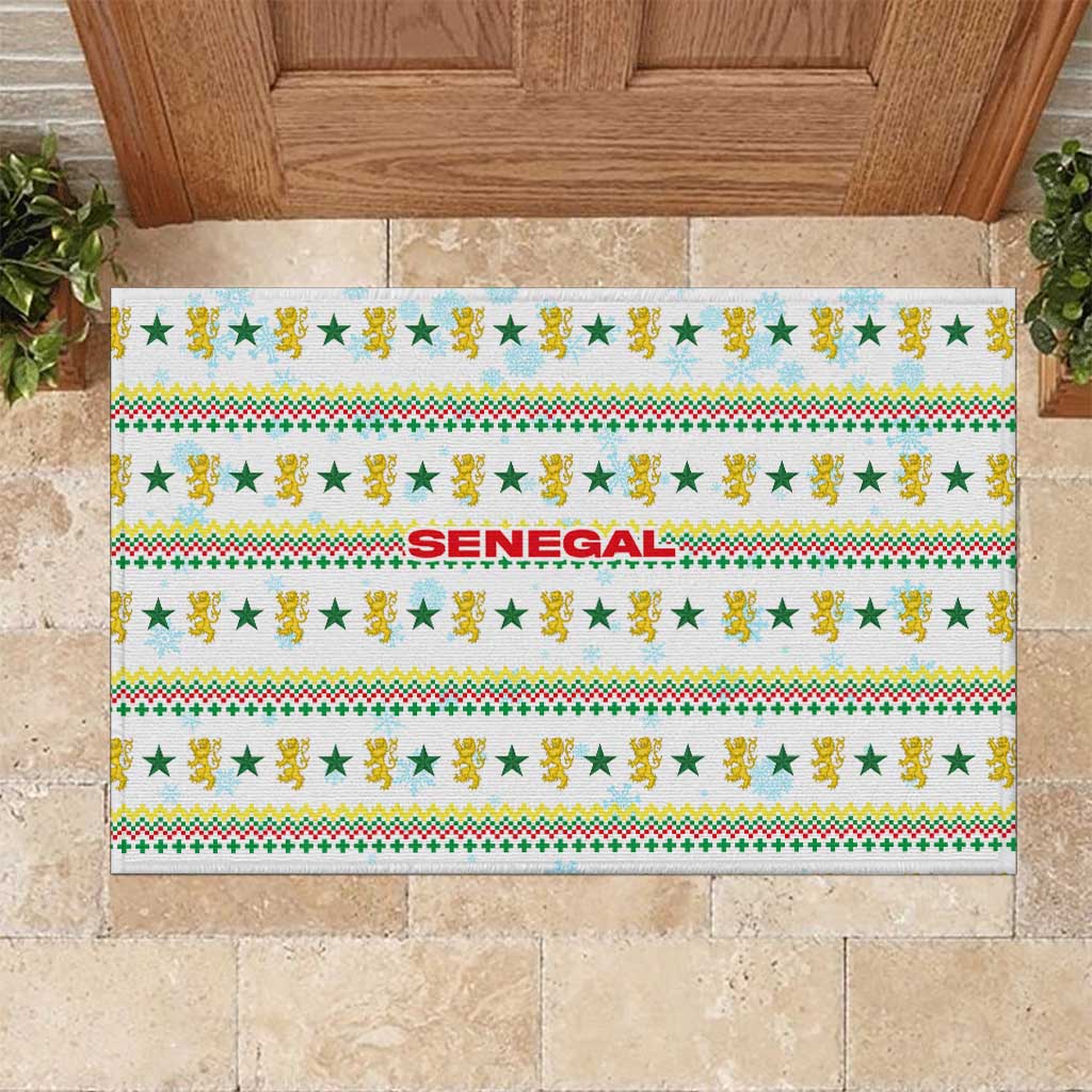 Senegal Christmas Rubber Doormat with White-Green-Yellow Design, Golden Lion, and Festive Stars Motif - Wonder Print Shop