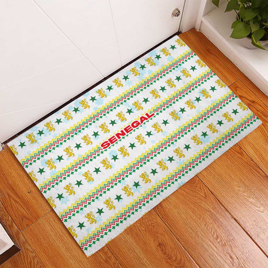 Senegal Christmas Rubber Doormat with White-Green-Yellow Design, Golden Lion, and Festive Stars Motif - Wonder Print Shop