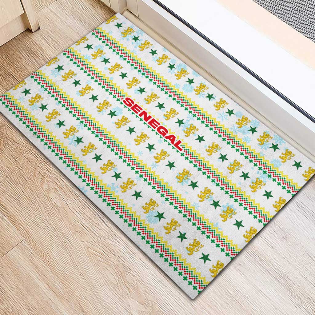 Senegal Christmas Rubber Doormat with White-Green-Yellow Design, Golden Lion, and Festive Stars Motif - Wonder Print Shop