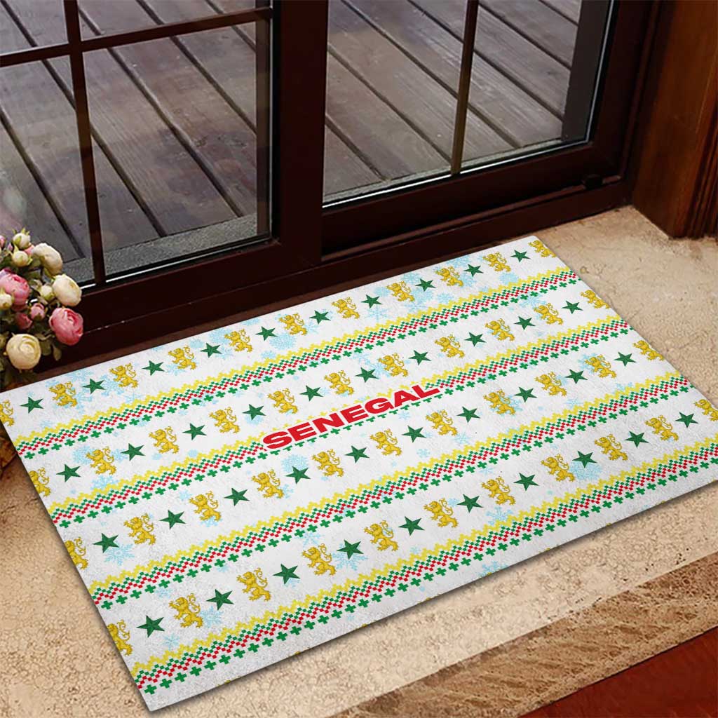 Senegal Christmas Rubber Doormat with White-Green-Yellow Design, Golden Lion, and Festive Stars Motif - Wonder Print Shop