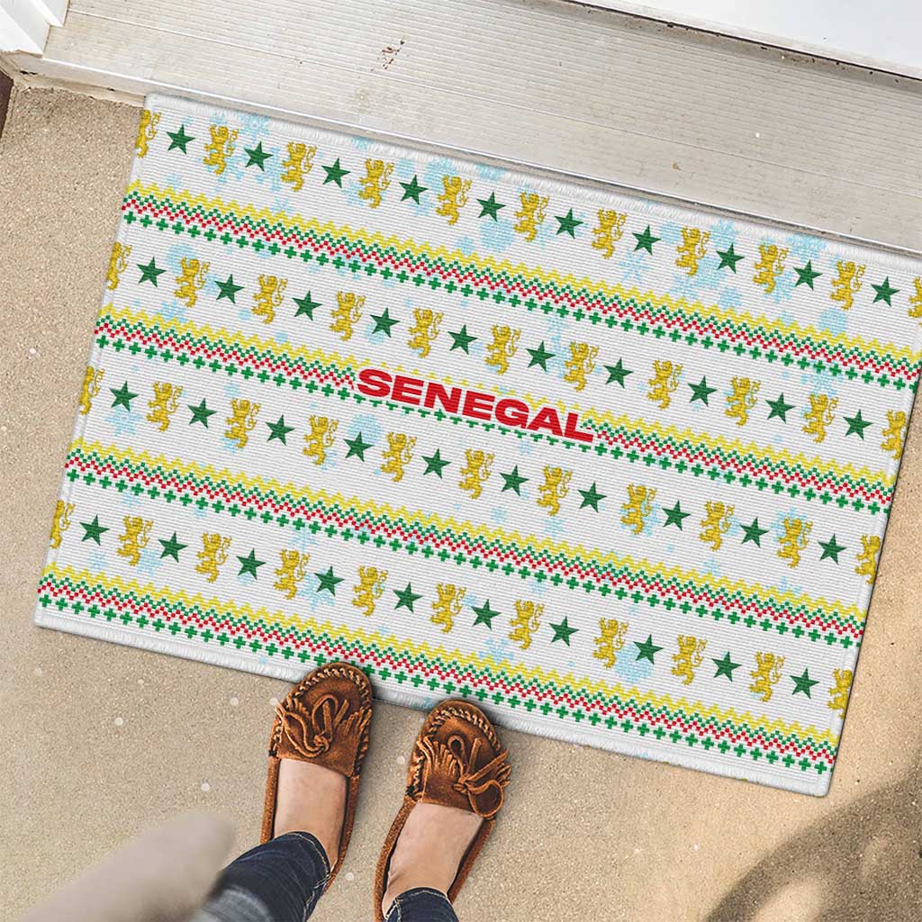 Senegal Christmas Rubber Doormat with White-Green-Yellow Design, Golden Lion, and Festive Stars Motif - Wonder Print Shop