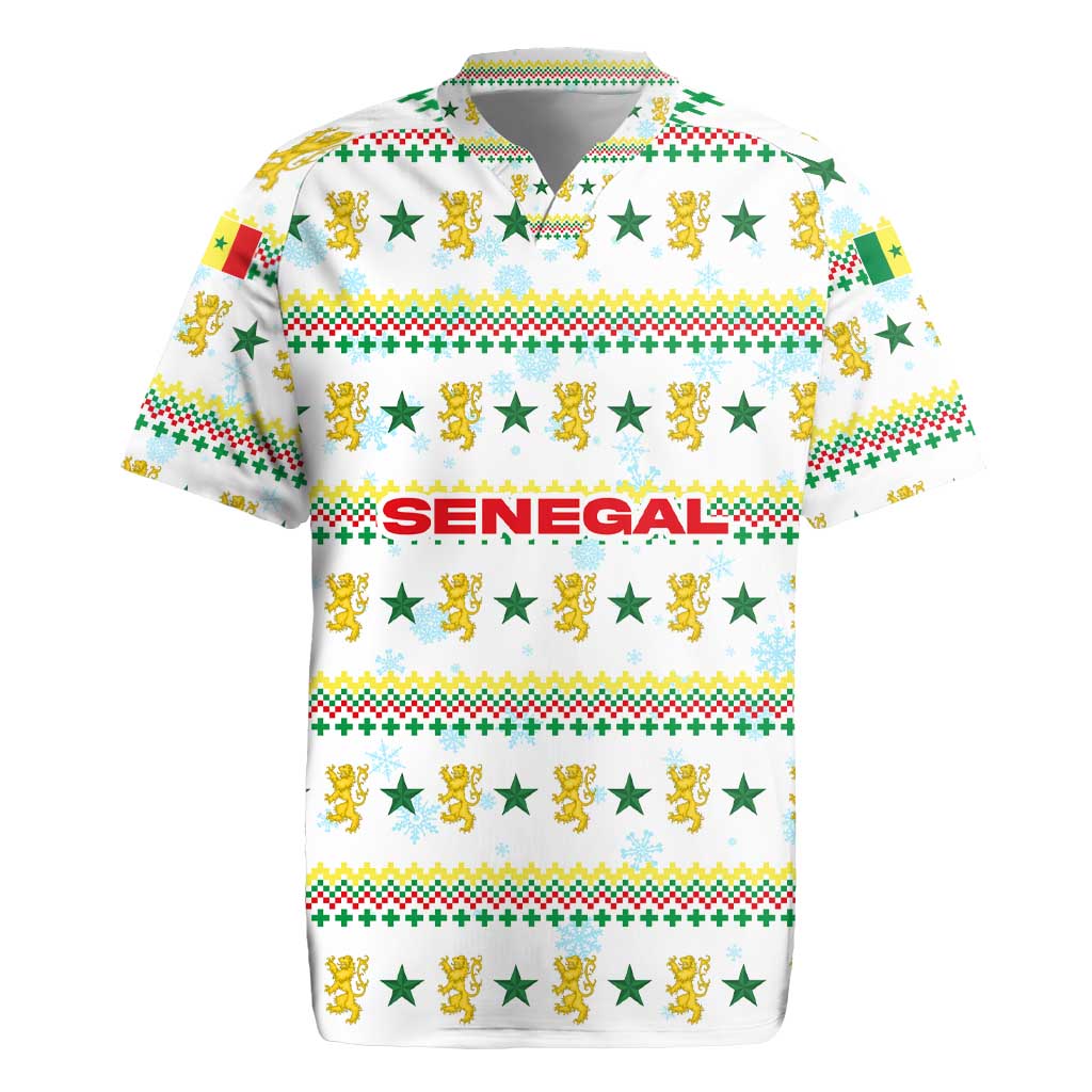 Senegal Christmas Rugby Jersey with White-Green-Yellow Design, Golden Lion, and Festive Stars Motif - Wonder Print Shop