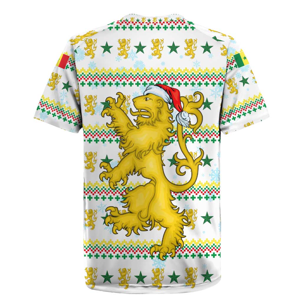 Senegal Christmas Rugby Jersey with White-Green-Yellow Design, Golden Lion, and Festive Stars Motif - Wonder Print Shop