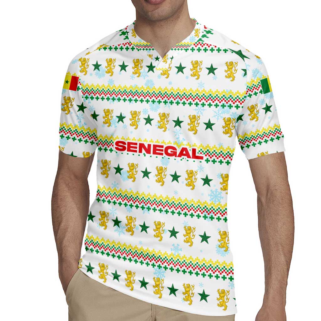 Senegal Christmas Rugby Jersey with White-Green-Yellow Design, Golden Lion, and Festive Stars Motif - Wonder Print Shop