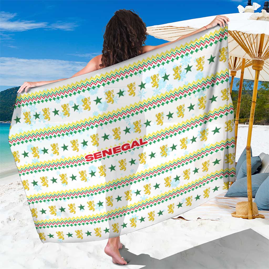 Senegal Christmas Sarong with White-Green-Yellow Design, Golden Lion, and Festive Stars Motif - Wonder Print Shop