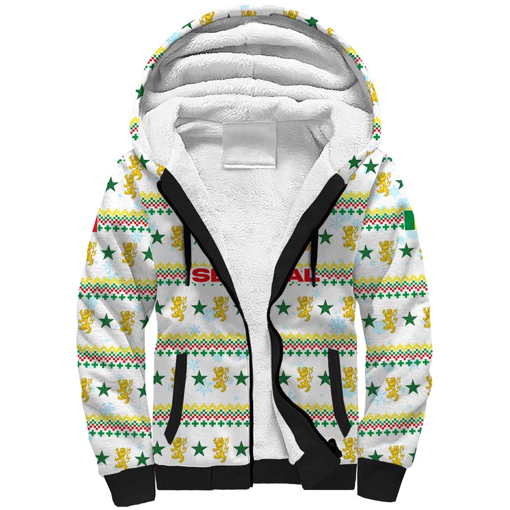 Senegal Christmas Sherpa Hoodie with White-Green-Yellow Design, Golden Lion, and Festive Stars Motif - Wonder Print Shop