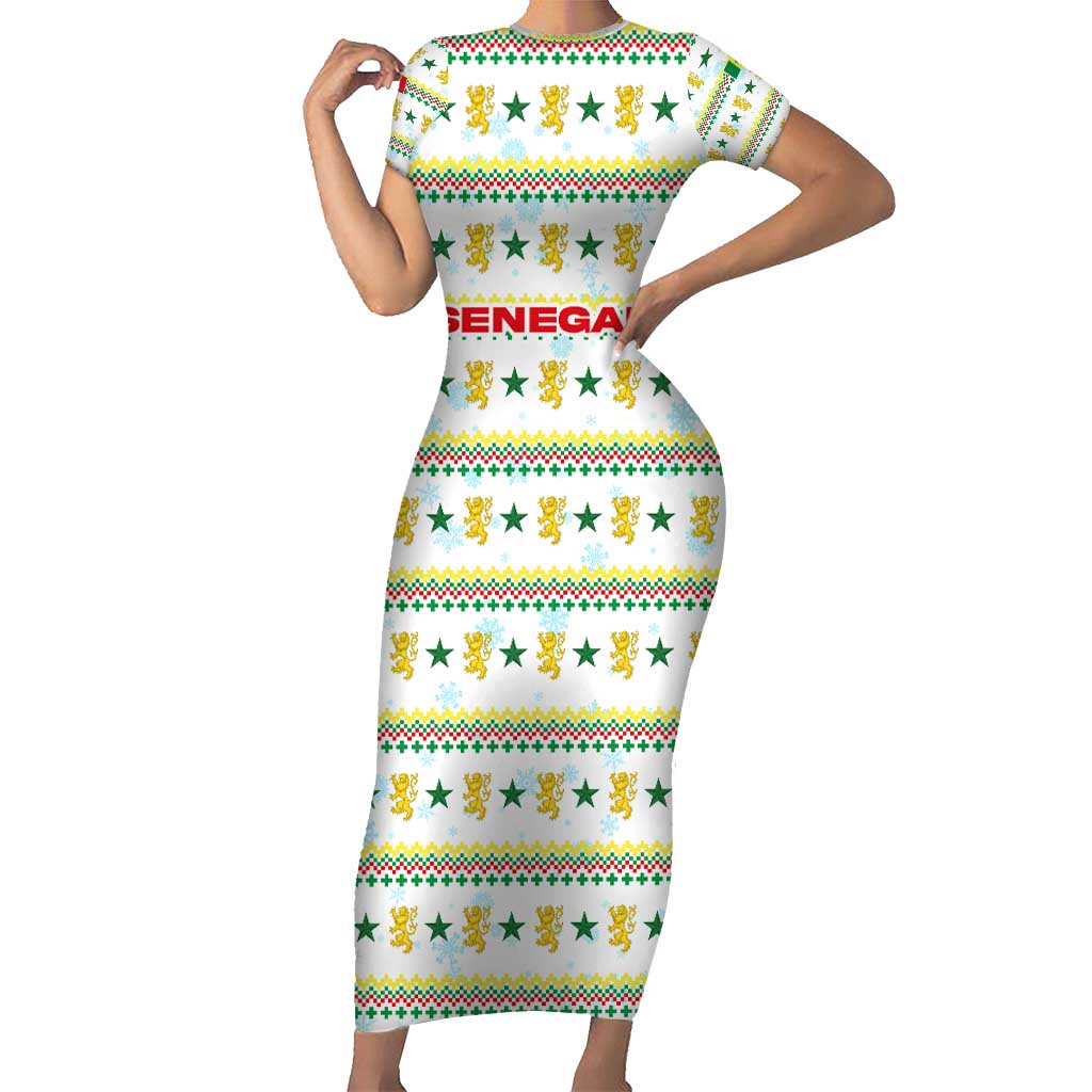 Senegal Christmas Short Sleeve Bodycon Dress with White-Green-Yellow Design, Golden Lion, and Festive Stars Motif - Wonder Print Shop