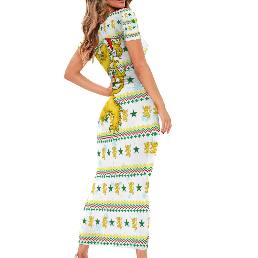 Senegal Christmas Short Sleeve Bodycon Dress with White-Green-Yellow Design, Golden Lion, and Festive Stars Motif - Wonder Print Shop
