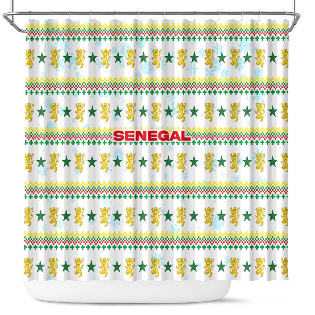 Senegal Christmas Shower Curtain with White-Green-Yellow Design, Golden Lion, and Festive Stars Motif - Wonder Print Shop