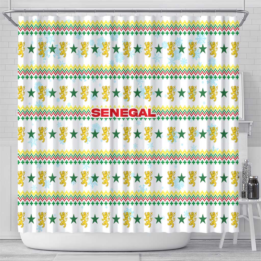 Senegal Christmas Shower Curtain with White-Green-Yellow Design, Golden Lion, and Festive Stars Motif - Wonder Print Shop