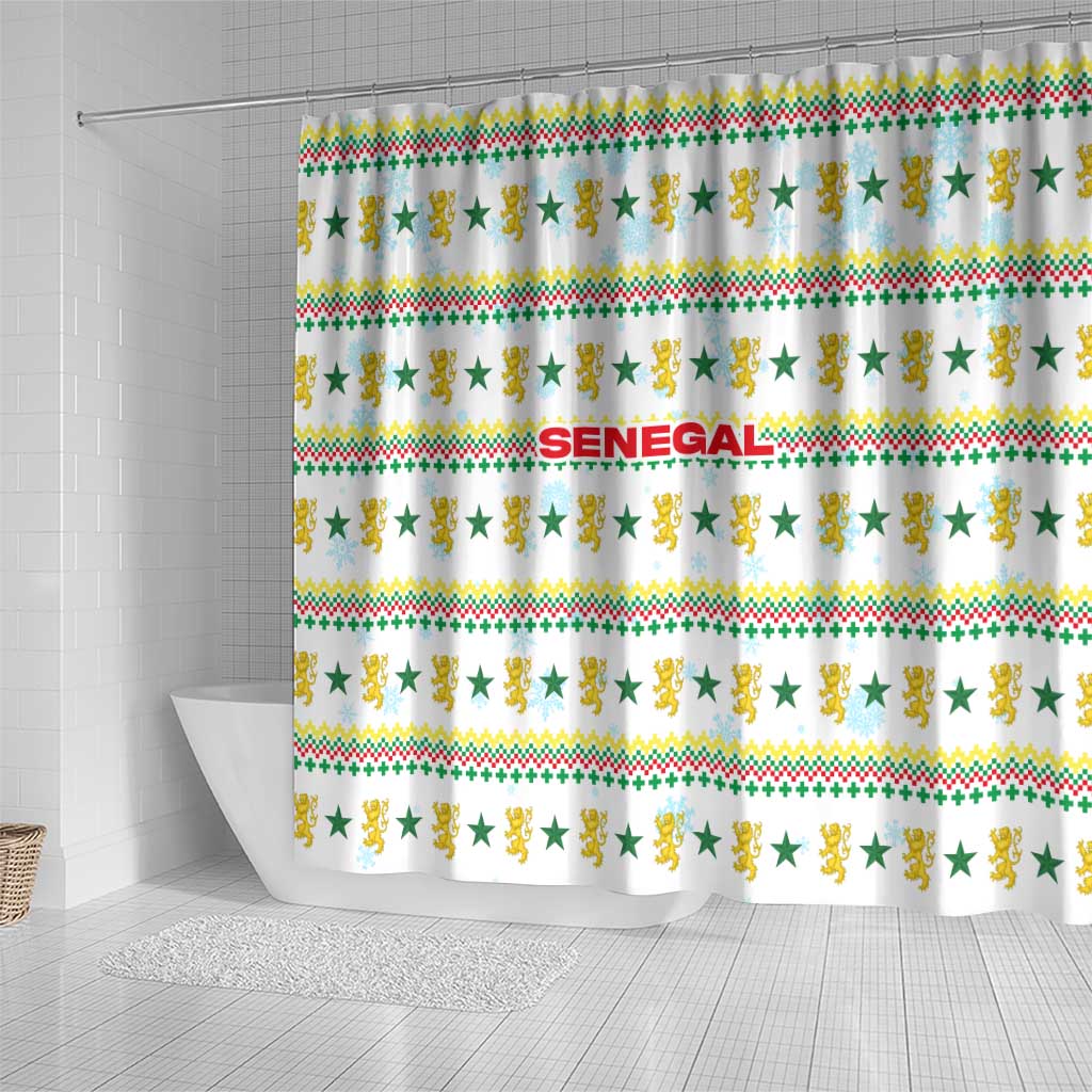Senegal Christmas Shower Curtain with White-Green-Yellow Design, Golden Lion, and Festive Stars Motif - Wonder Print Shop