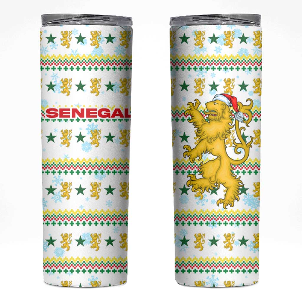 Senegal Christmas Skinny Tumbler with White-Green-Yellow Design, Golden Lion, and Festive Stars Motif - Wonder Print Shop