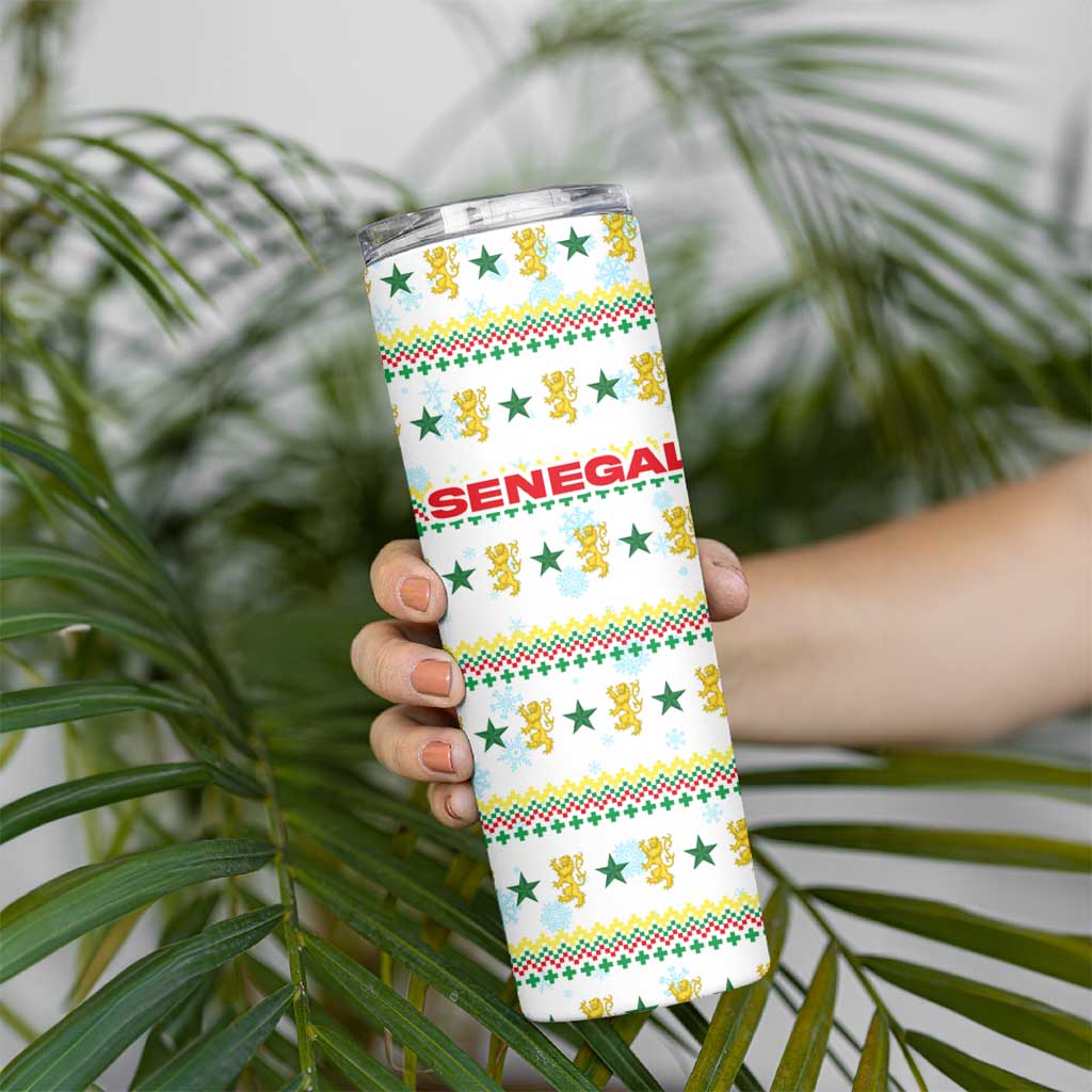 Senegal Christmas Skinny Tumbler with White-Green-Yellow Design, Golden Lion, and Festive Stars Motif - Wonder Print Shop