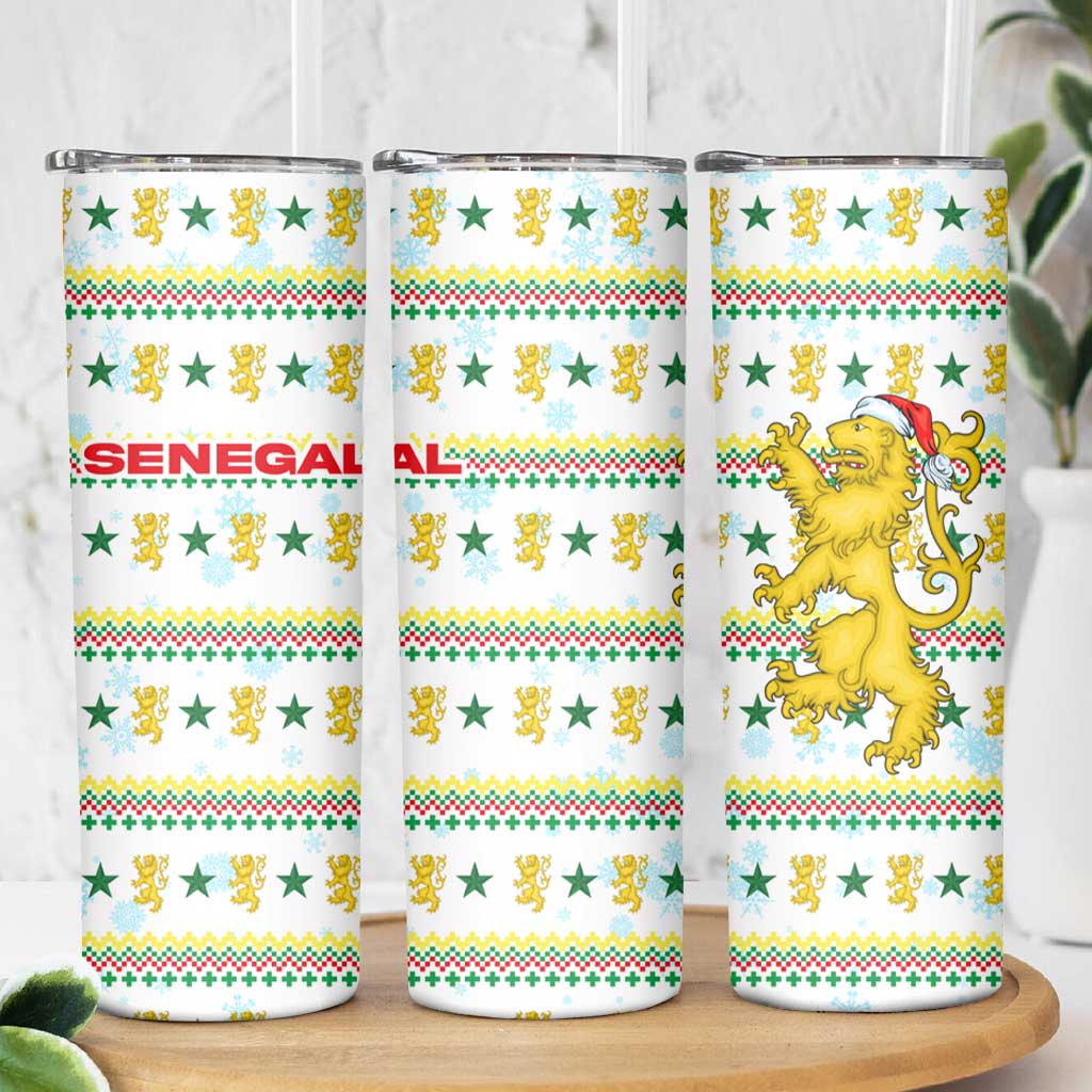 Senegal Christmas Skinny Tumbler with White-Green-Yellow Design, Golden Lion, and Festive Stars Motif - Wonder Print Shop