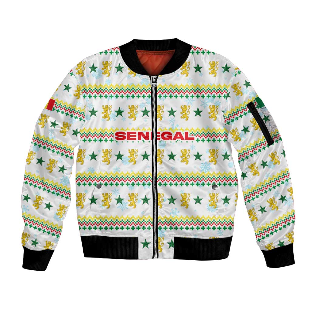 Senegal Christmas Sleeve Zip Bomber Jacket with White-Green-Yellow Design, Golden Lion, and Festive Stars Motif - Wonder Print Shop