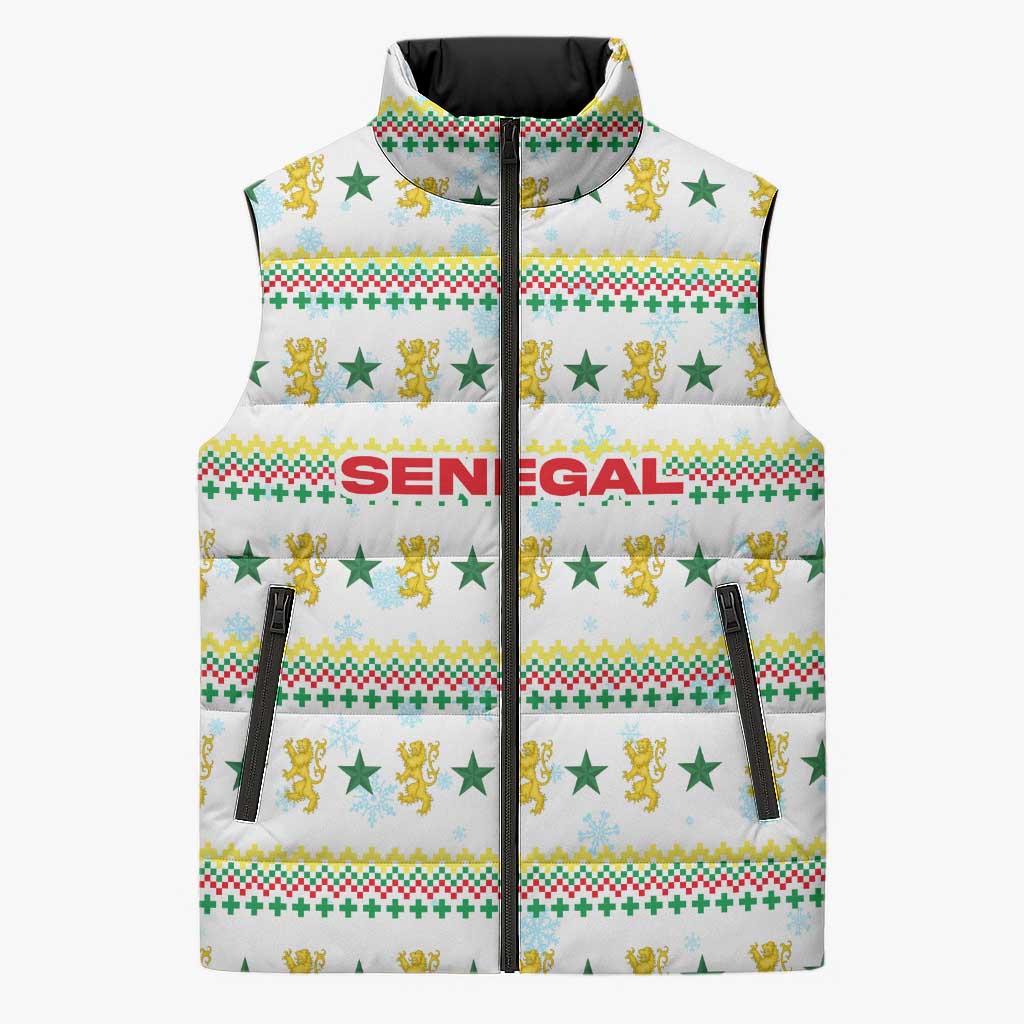 Senegal Christmas Sleeveless Puffer Jacket with White-Green-Yellow Design, Golden Lion, and Festive Stars Motif - Wonder Print Shop