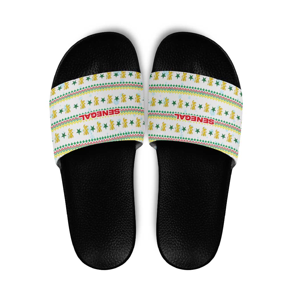 Senegal Christmas Slide Sandals with White-Green-Yellow Design, Golden Lion, and Festive Stars Motif - Wonder Print Shop