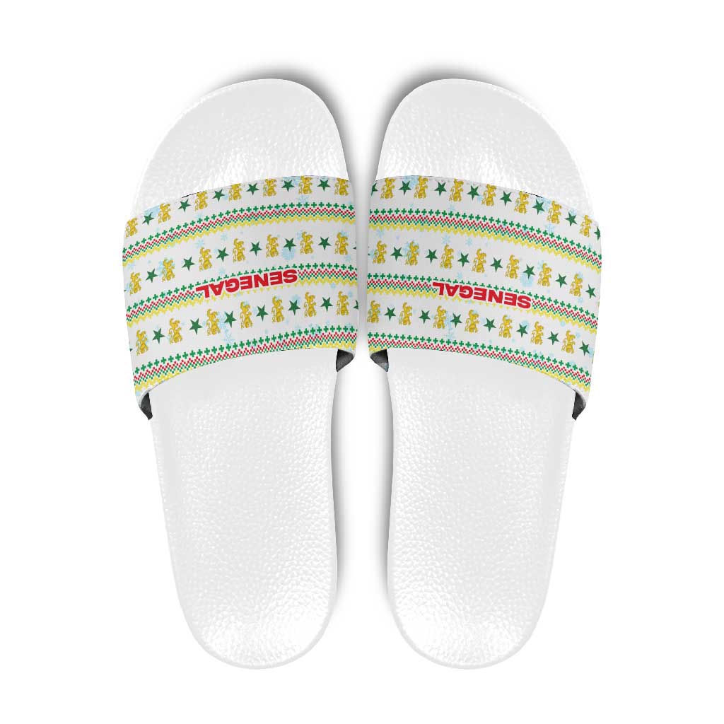 Senegal Christmas Slide Sandals with White-Green-Yellow Design, Golden Lion, and Festive Stars Motif - Wonder Print Shop