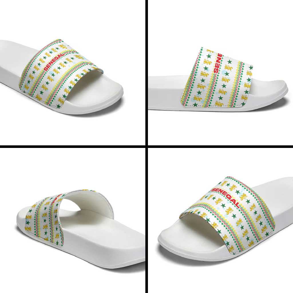 Senegal Christmas Slide Sandals with White-Green-Yellow Design, Golden Lion, and Festive Stars Motif - Wonder Print Shop