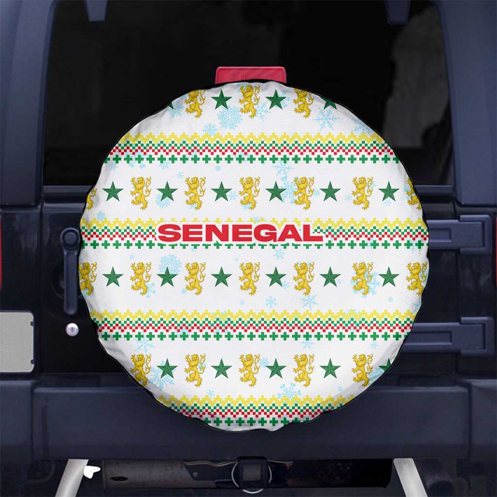 Senegal Christmas Spare Tire Cover with White-Green-Yellow Design, Golden Lion, and Festive Stars Motif - Wonder Print Shop