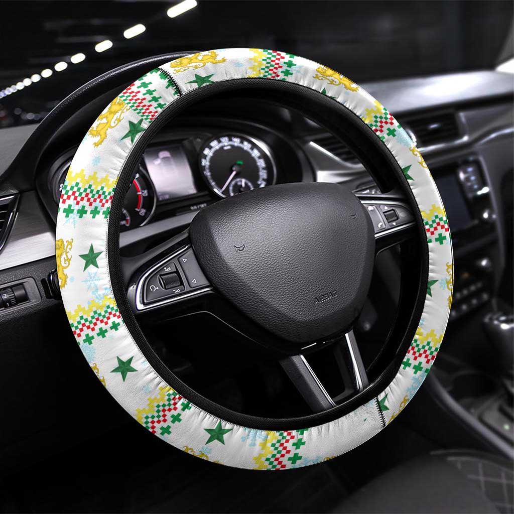 Senegal Christmas Steering Wheel Cover with White-Green-Yellow Design, Golden Lion, and Festive Stars Motif - Wonder Print Shop