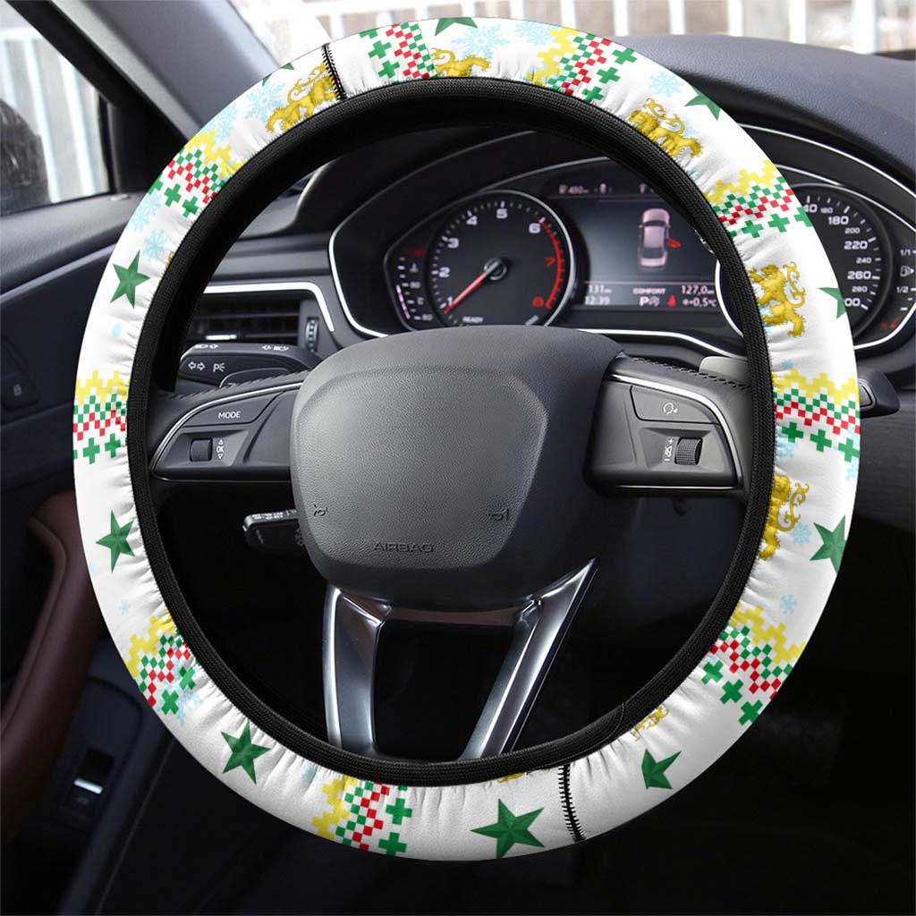 Senegal Christmas Steering Wheel Cover with White-Green-Yellow Design, Golden Lion, and Festive Stars Motif - Wonder Print Shop