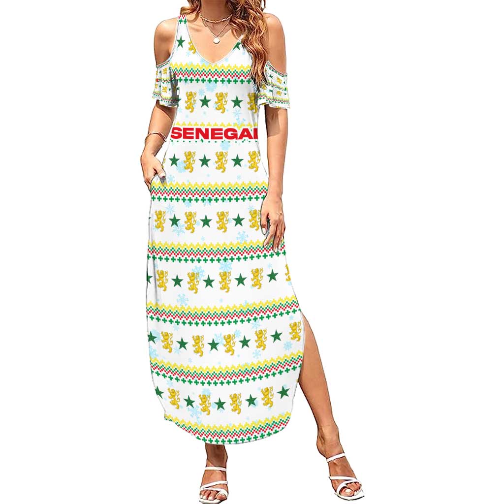 Senegal Christmas Summer Maxi Dress with White-Green-Yellow Design, Golden Lion, and Festive Stars Motif - Wonder Print Shop