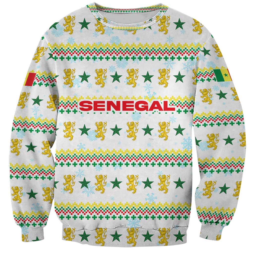 Senegal Christmas Sweatshirt with White-Green-Yellow Design, Golden Lion, and Festive Stars Motif - Wonder Print Shop