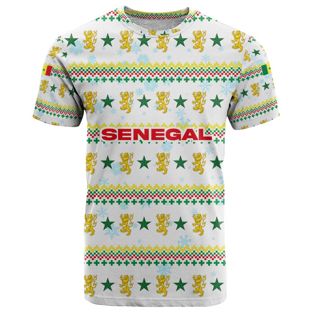 Senegal Christmas T Shirt with White-Green-Yellow Design, Golden Lion, and Festive Stars Motif - Wonder Print Shop