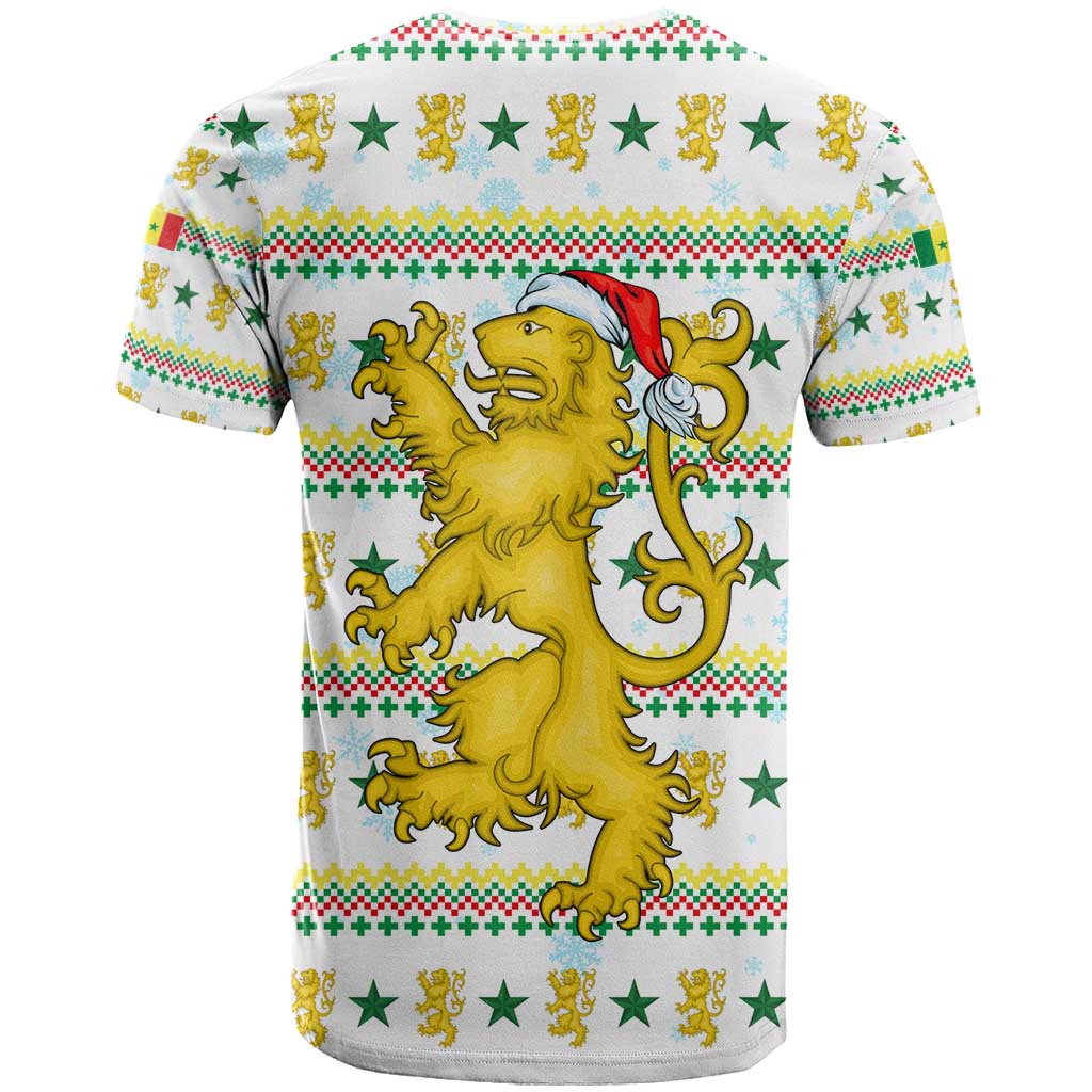 Senegal Christmas T Shirt with White-Green-Yellow Design, Golden Lion, and Festive Stars Motif - Wonder Print Shop