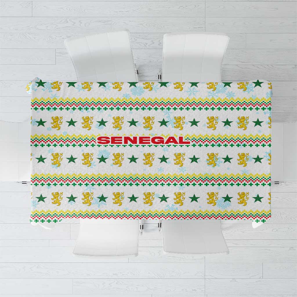 Senegal Christmas Tablecloth with White-Green-Yellow Design, Golden Lion, and Festive Stars Motif - Wonder Print Shop