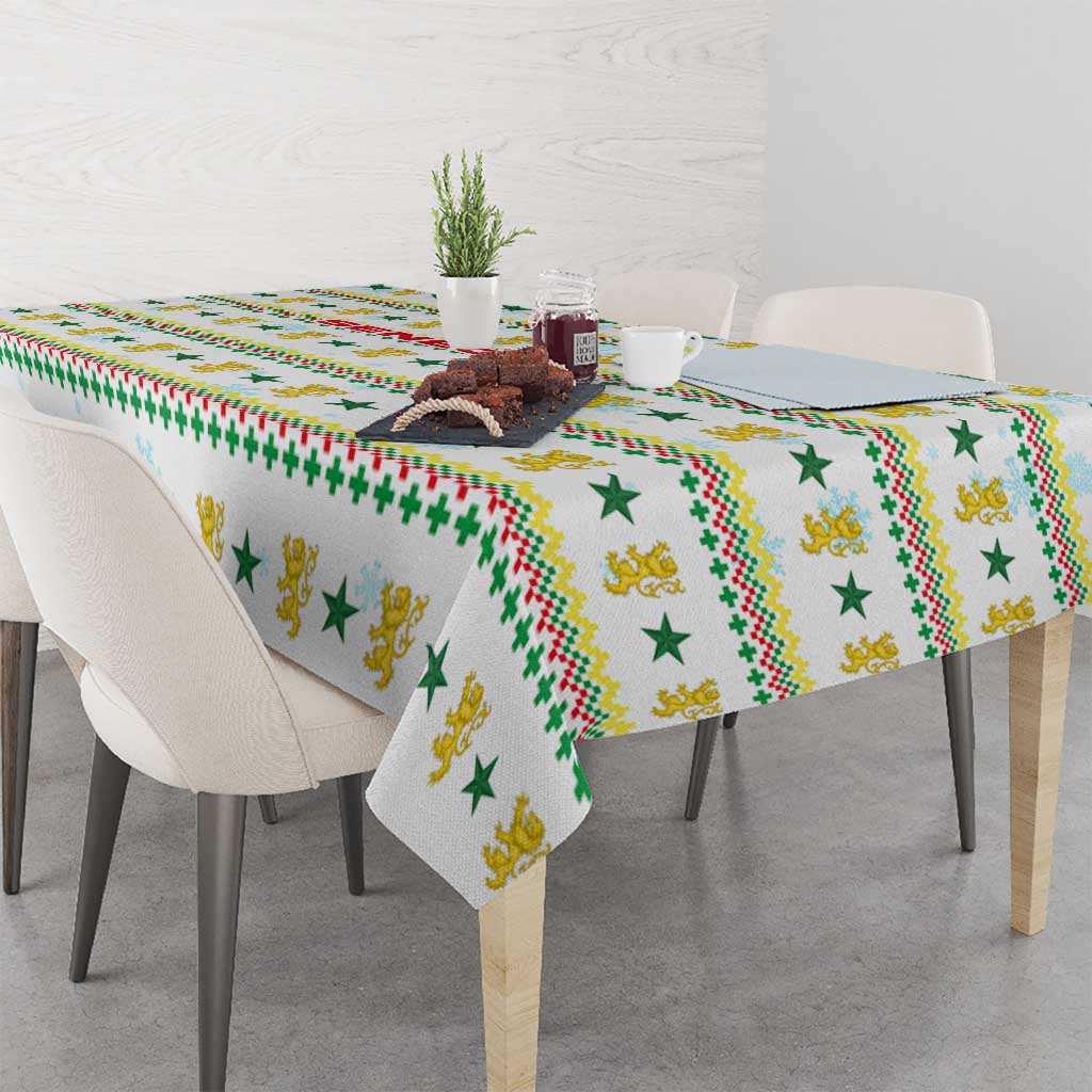 Senegal Christmas Tablecloth with White-Green-Yellow Design, Golden Lion, and Festive Stars Motif - Wonder Print Shop