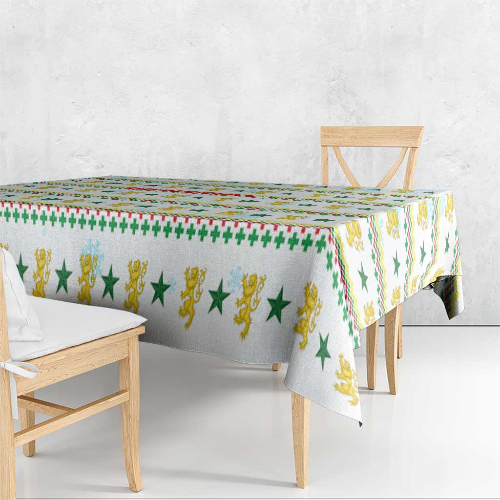 Senegal Christmas Tablecloth with White-Green-Yellow Design, Golden Lion, and Festive Stars Motif - Wonder Print Shop