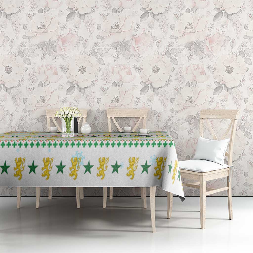 Senegal Christmas Tablecloth with White-Green-Yellow Design, Golden Lion, and Festive Stars Motif - Wonder Print Shop
