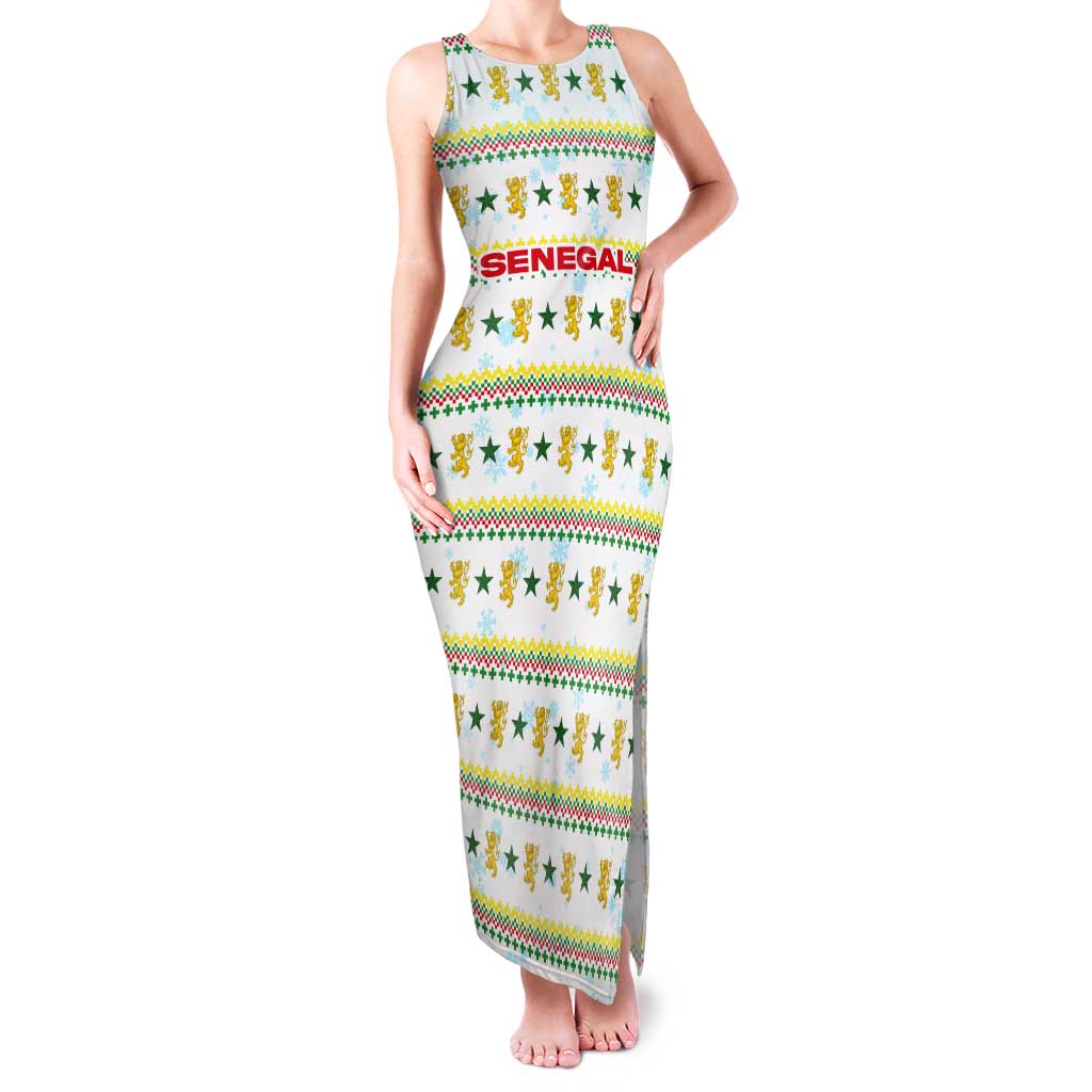 Senegal Christmas Tank Maxi Dress with White-Green-Yellow Design, Golden Lion, and Festive Stars Motif - Wonder Print Shop