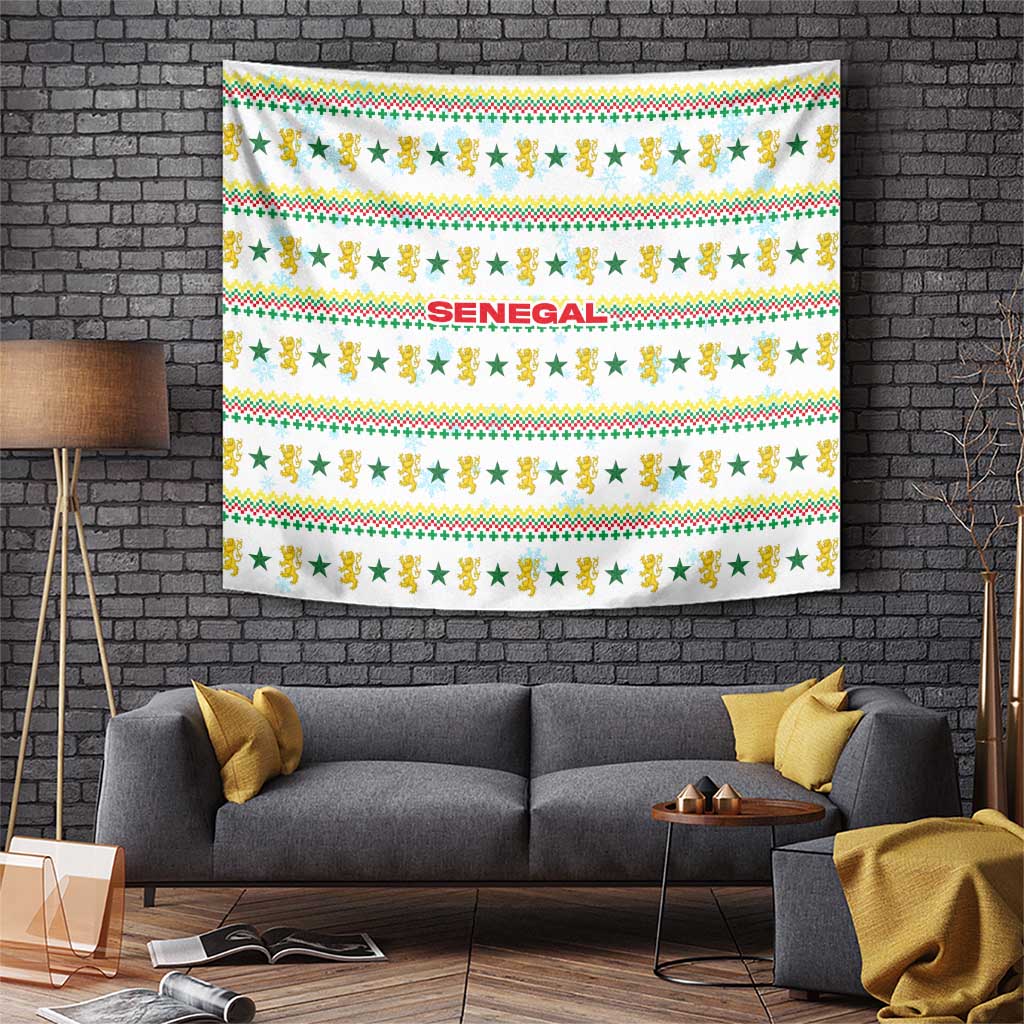 Senegal Christmas Tapestry with White-Green-Yellow Design, Golden Lion, and Festive Stars Motif - Wonder Print Shop