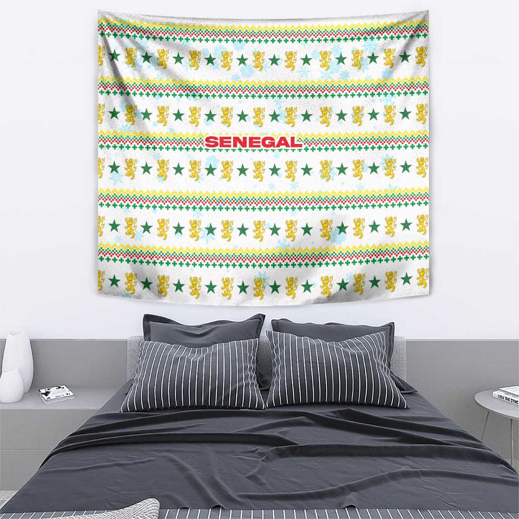 Senegal Christmas Tapestry with White-Green-Yellow Design, Golden Lion, and Festive Stars Motif - Wonder Print Shop