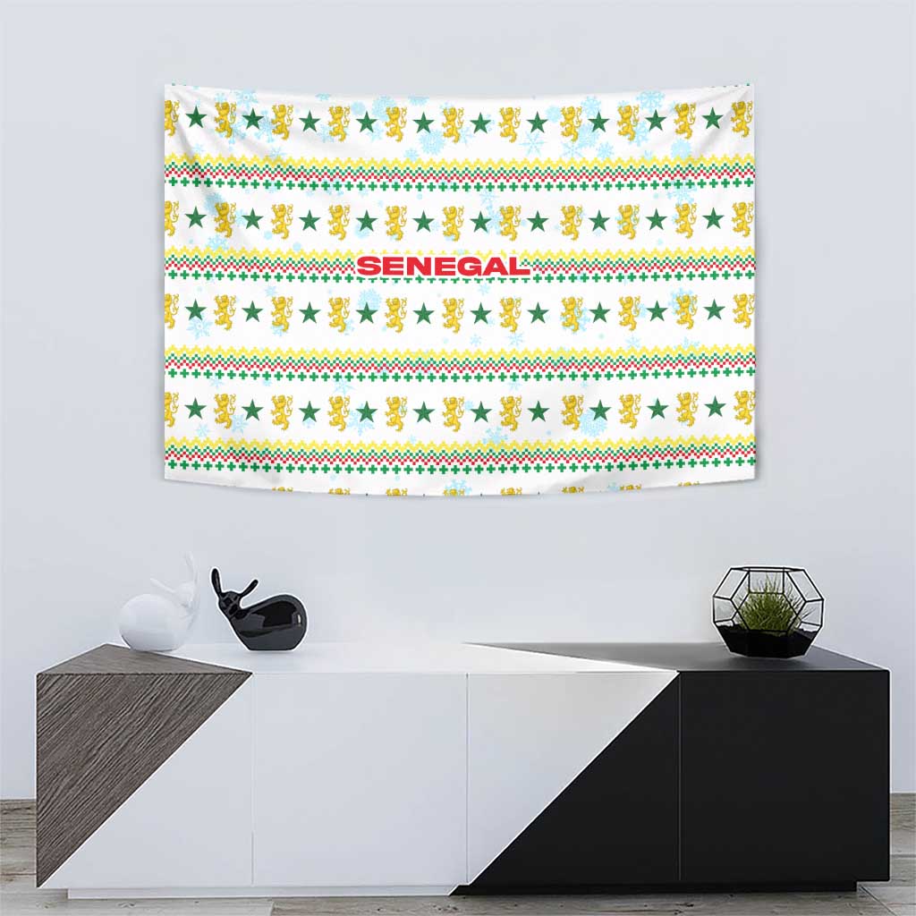 Senegal Christmas Tapestry with White-Green-Yellow Design, Golden Lion, and Festive Stars Motif - Wonder Print Shop