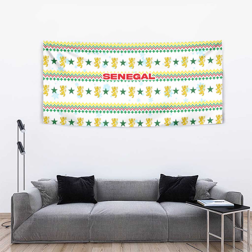 Senegal Christmas Tapestry with White-Green-Yellow Design, Golden Lion, and Festive Stars Motif - Wonder Print Shop