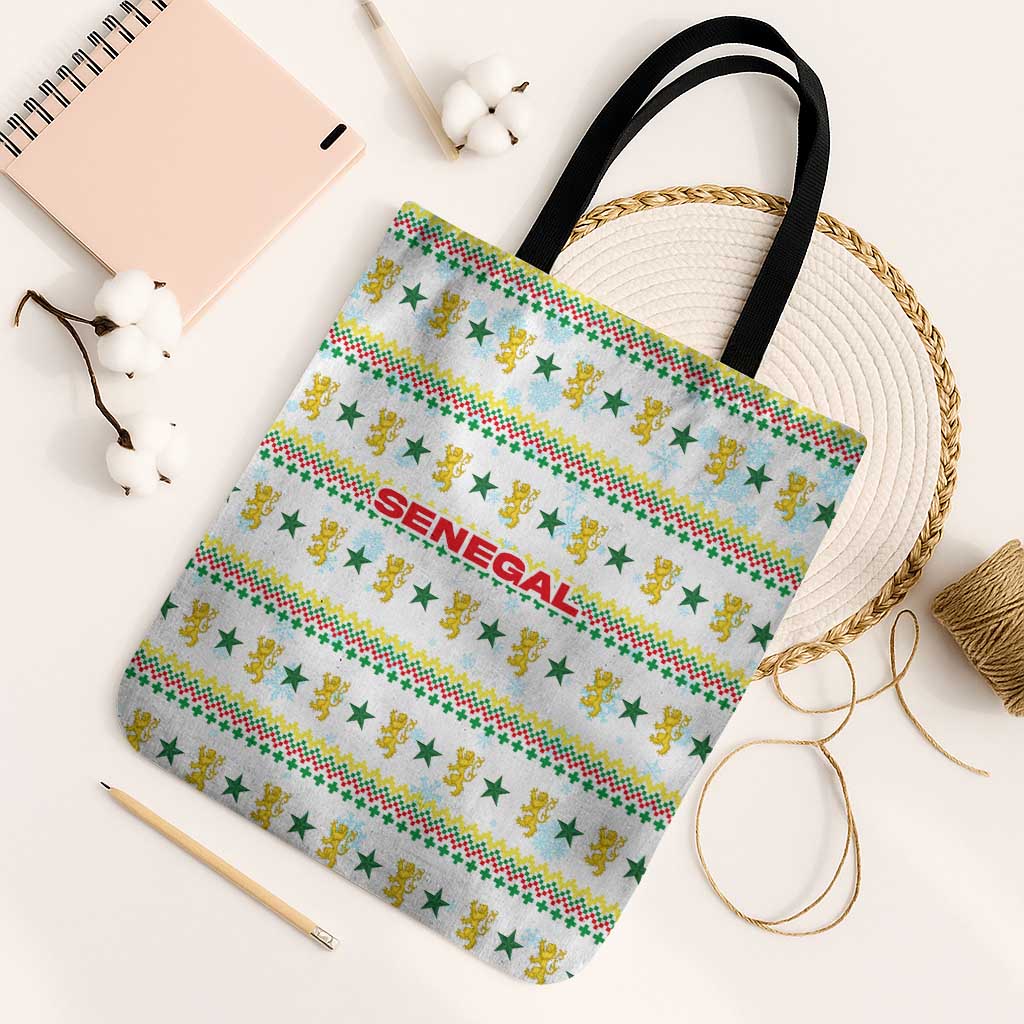 Senegal Christmas Tote Bag with White-Green-Yellow Design, Golden Lion, and Festive Stars Motif - Wonder Print Shop