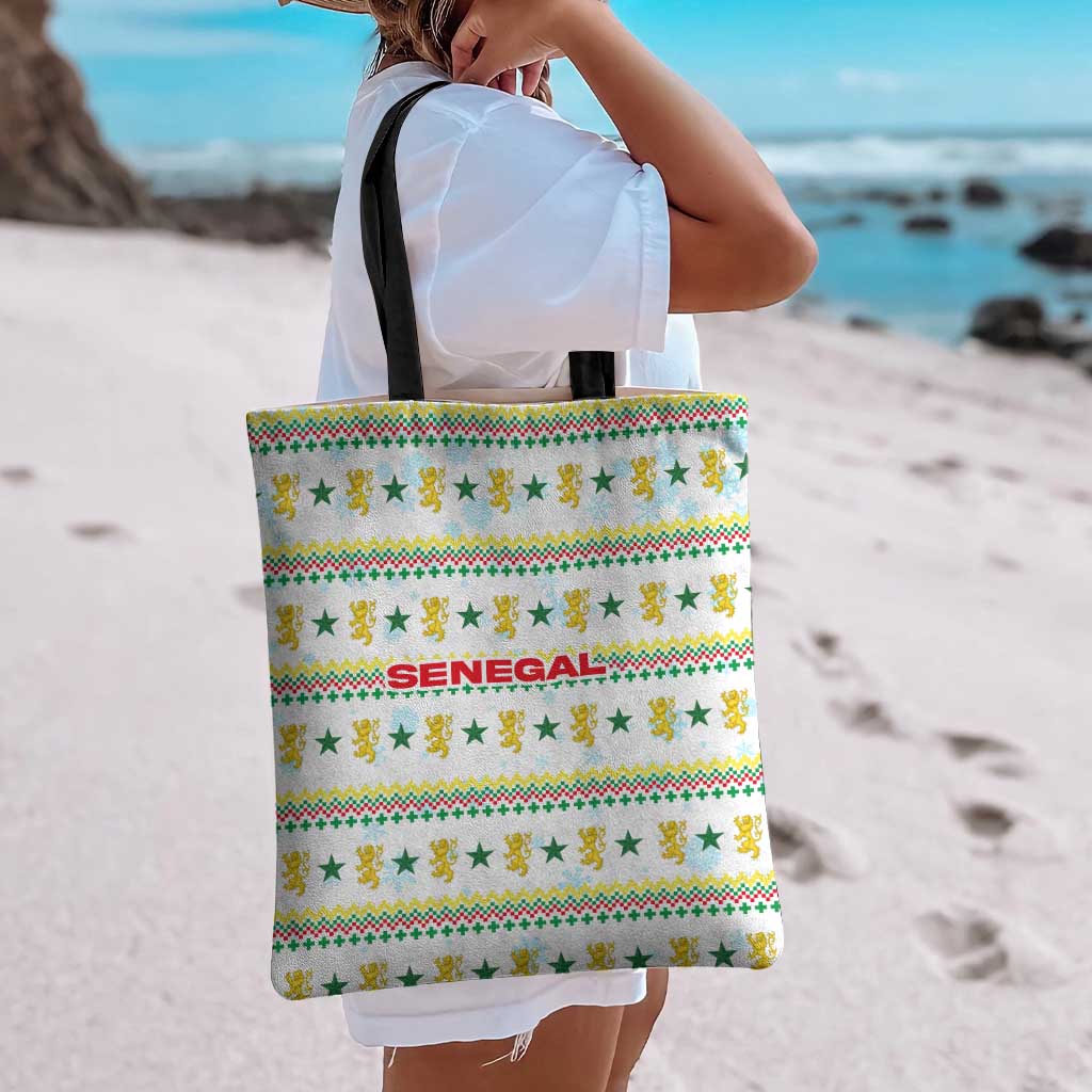 Senegal Christmas Tote Bag with White-Green-Yellow Design, Golden Lion, and Festive Stars Motif - Wonder Print Shop