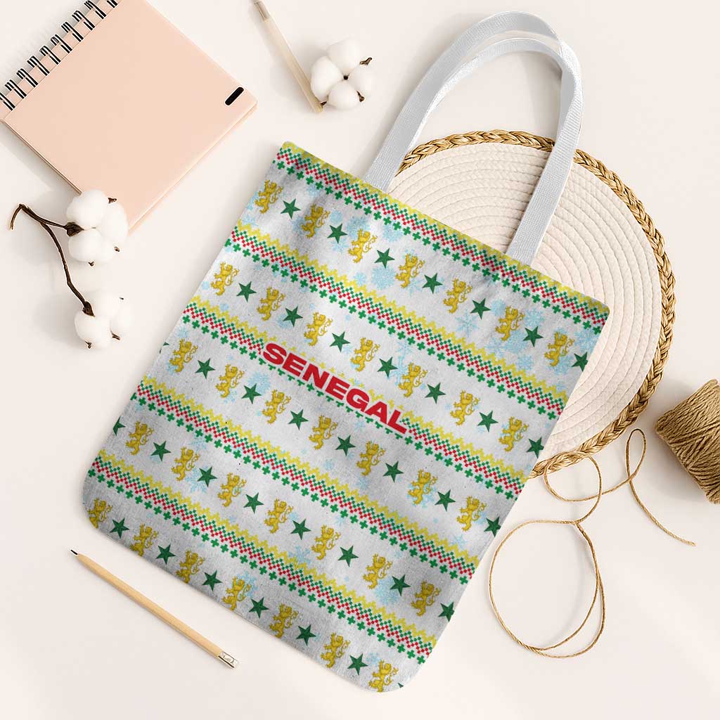 Senegal Christmas Tote Bag with White-Green-Yellow Design, Golden Lion, and Festive Stars Motif - Wonder Print Shop