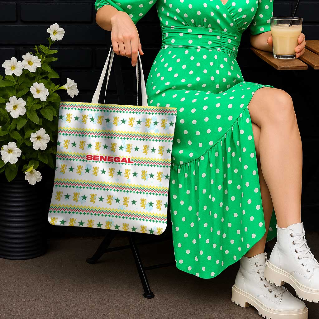 Senegal Christmas Tote Bag with White-Green-Yellow Design, Golden Lion, and Festive Stars Motif - Wonder Print Shop