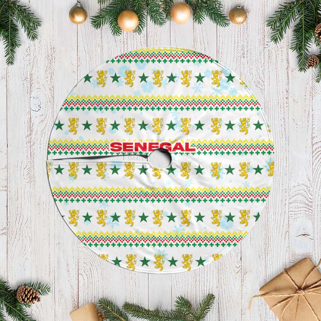 Senegal Christmas Tree Skirt with White-Green-Yellow Design, Golden Lion, and Festive Stars Motif - Wonder Print Shop
