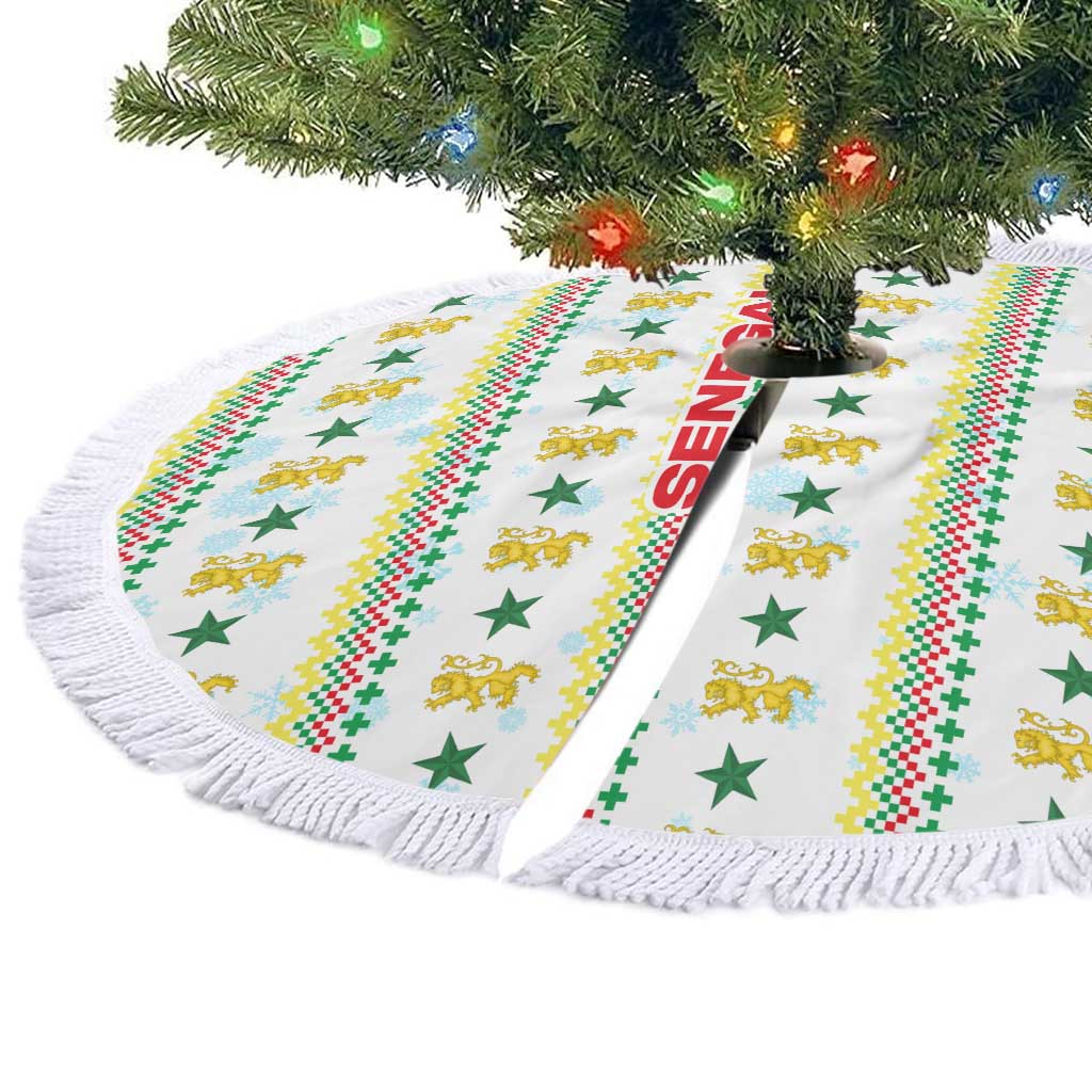 Senegal Christmas Tree Skirt with White-Green-Yellow Design, Golden Lion, and Festive Stars Motif - Wonder Print Shop
