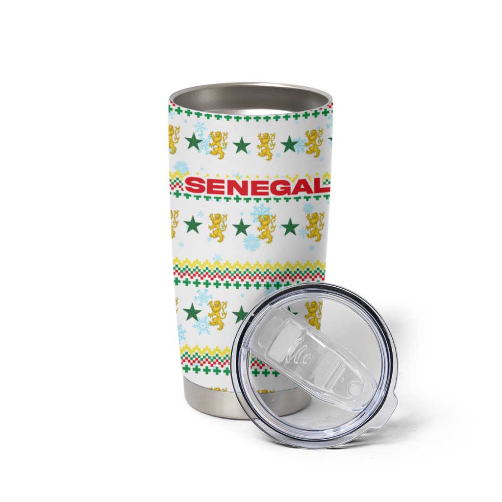 Senegal Christmas Tumbler Cup with White-Green-Yellow Design, Golden Lion, and Festive Stars Motif - Wonder Print Shop
